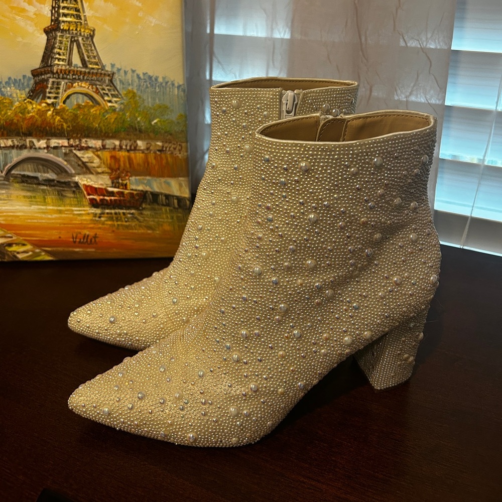 Betsey Johnson Cady Pearl-Studded White Ankle Boots